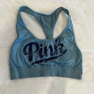 Victoria's Secret PINK Sports Bra Racerback Blue Medium Logo‎ Athletic